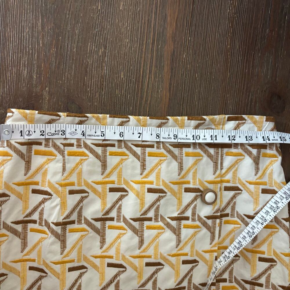 Tory Burch Geometric Embroidered Knee Length Skirt 6 Yellow Cotton Faux Wrap - Picture 10 of 12